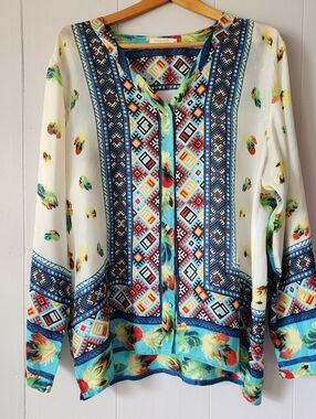 Johnny Was Jaffa 100% Silk Button Down Blouse XL Multicolor Feather Geometric